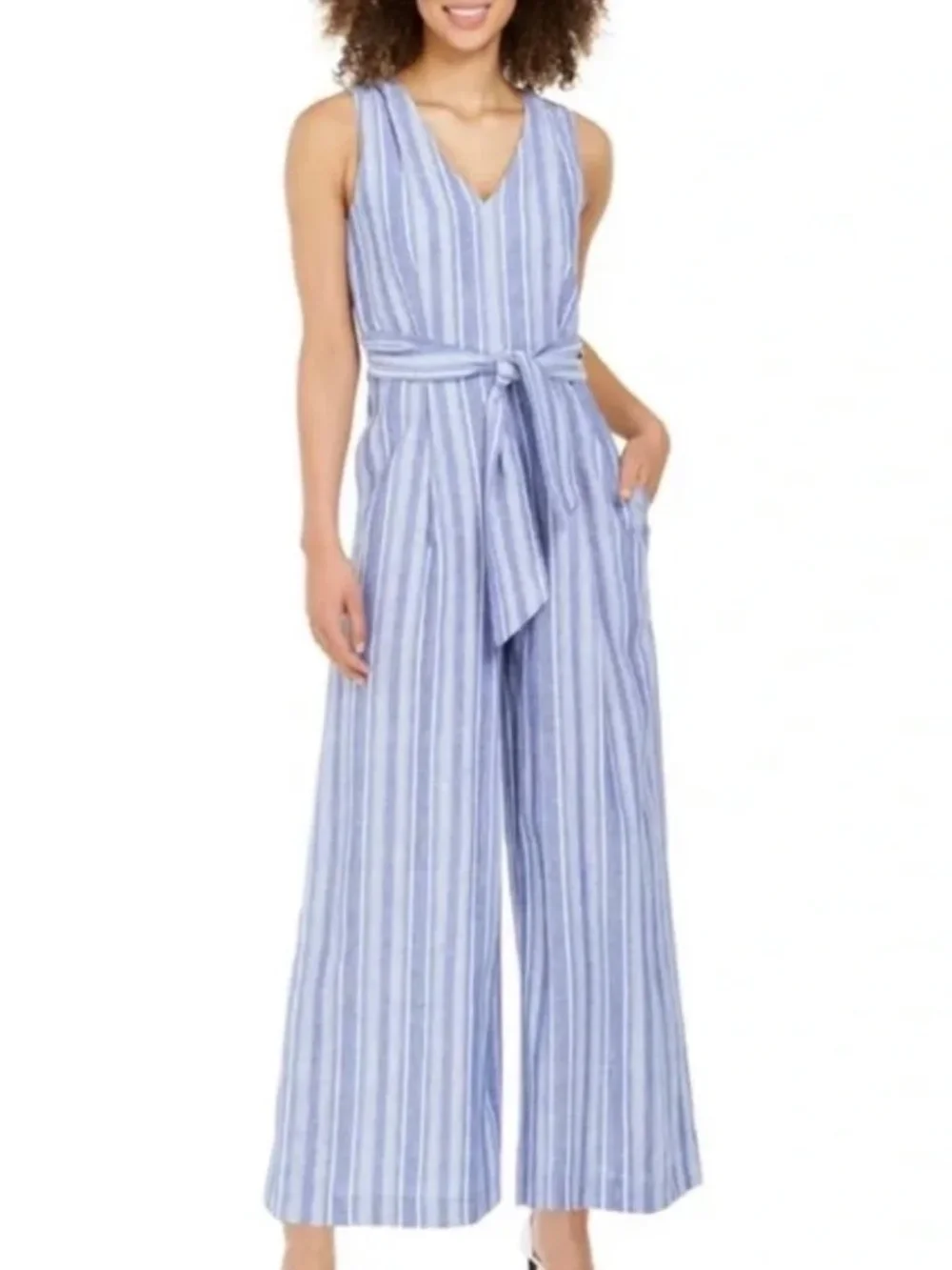 Classy Calvin Klein Linen Blend Belted Sleeveless Blue Stripe Jumpsuit Size 4